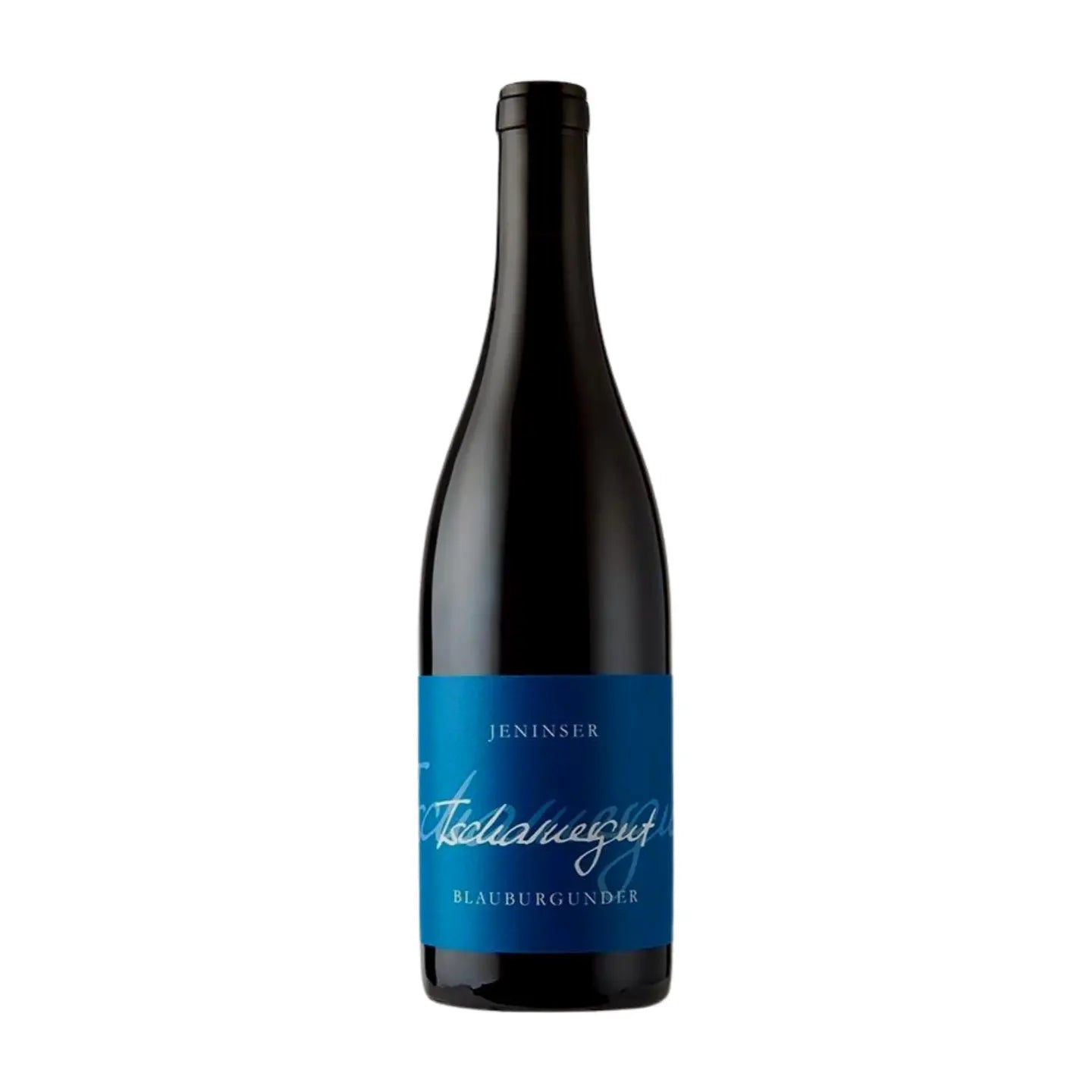 Jeninser Blauburgunder Tscharndergut von Weinbau von Tscharner freigestellt mit weissem Hintergrund.