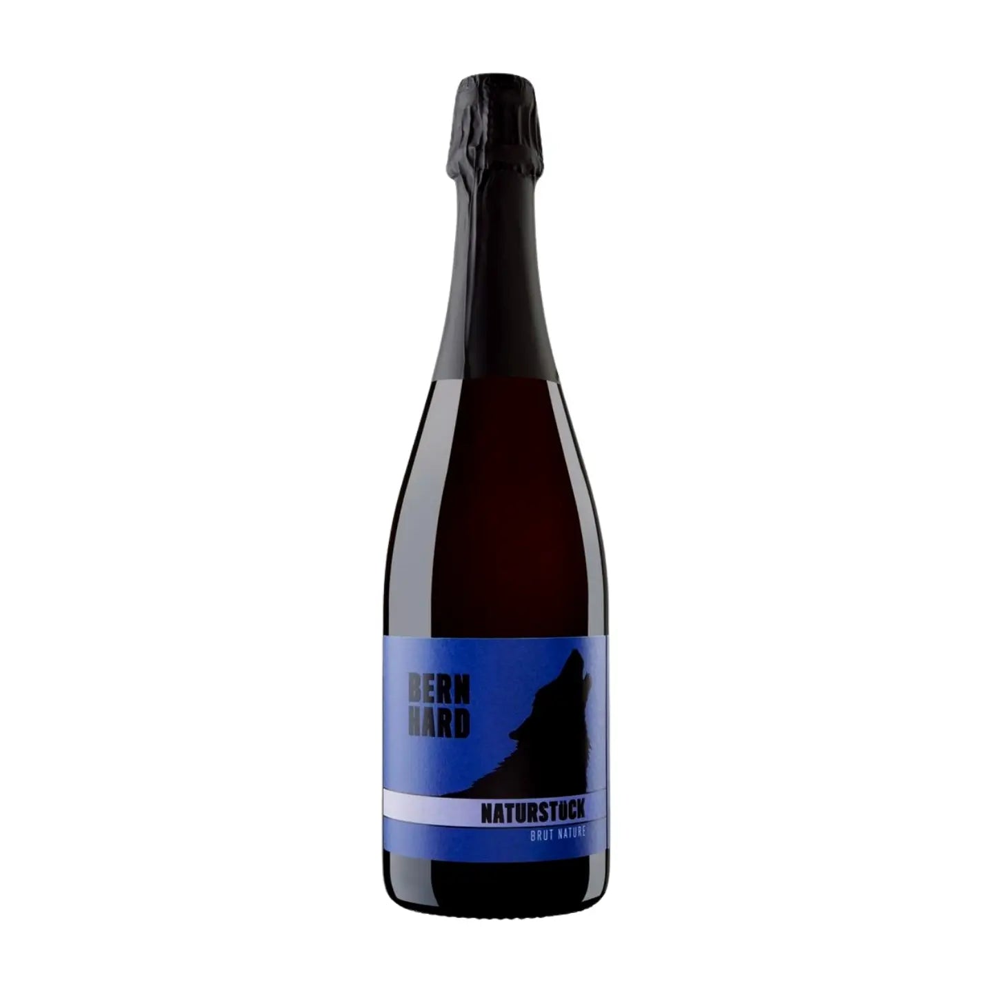 Flasche Naturstück Brut Nature vom Weingut Bernhard freigestellt vor weissem Hintergrund.