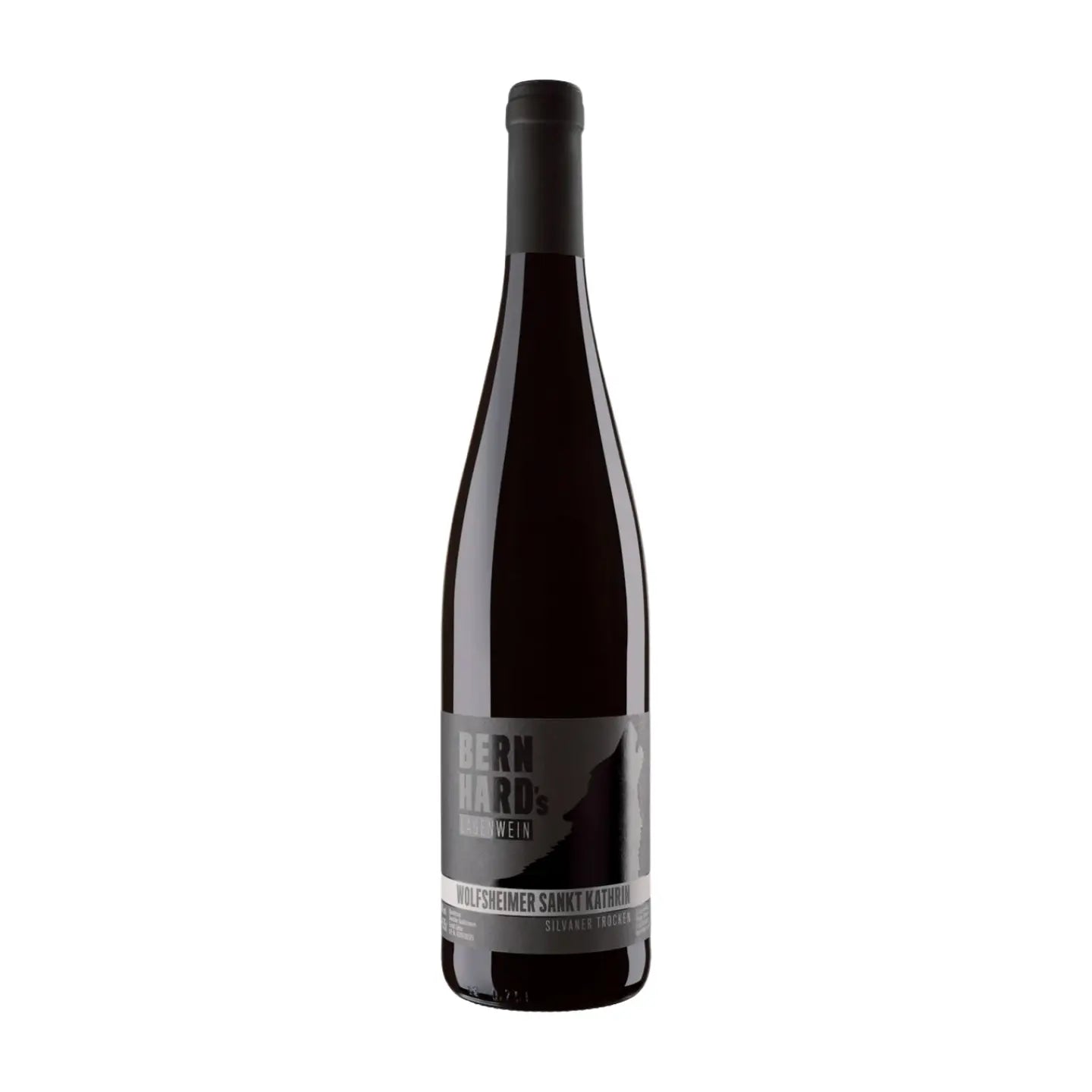Flasche Sankt Kathrin Silvaner vom Weingut Bernhard freigestellt vor weissem Hintergrund.