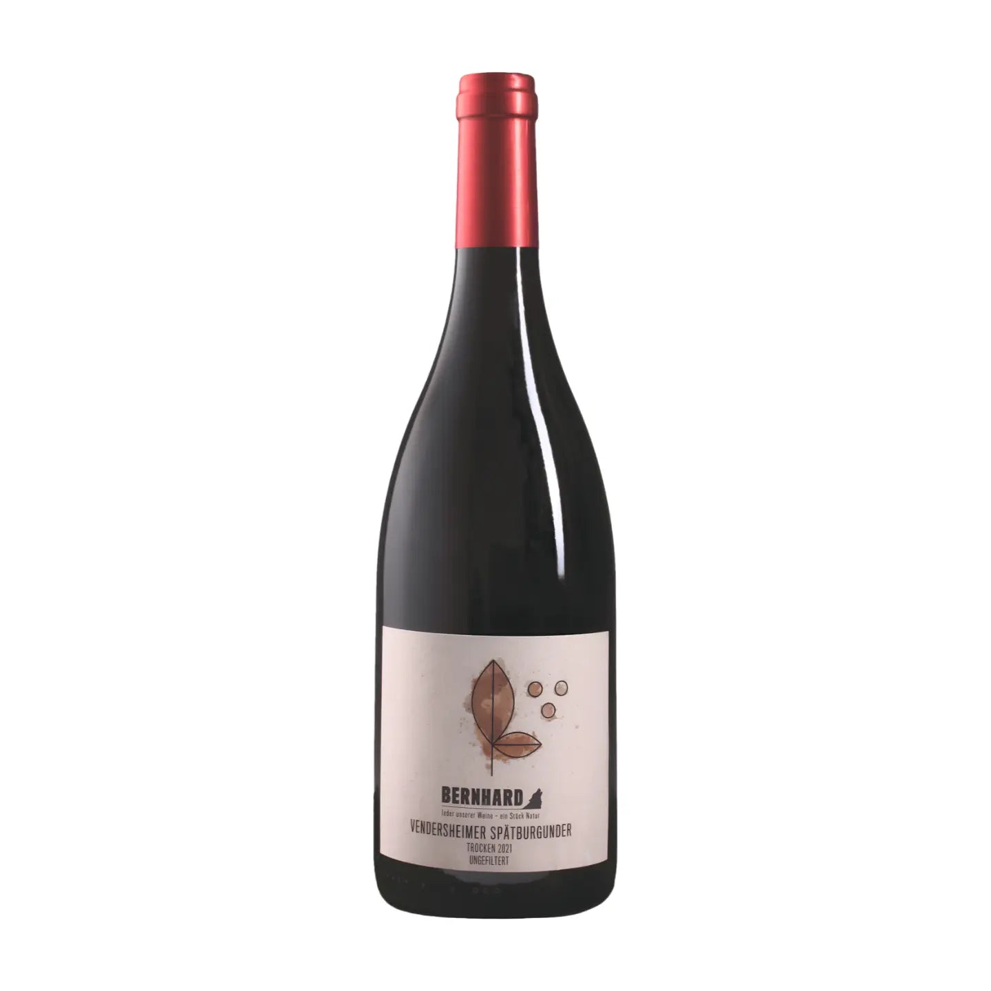 Flasche Vendersheimer Spätburgunder vom Weingut Bernhard vor weissem Hinterrund.