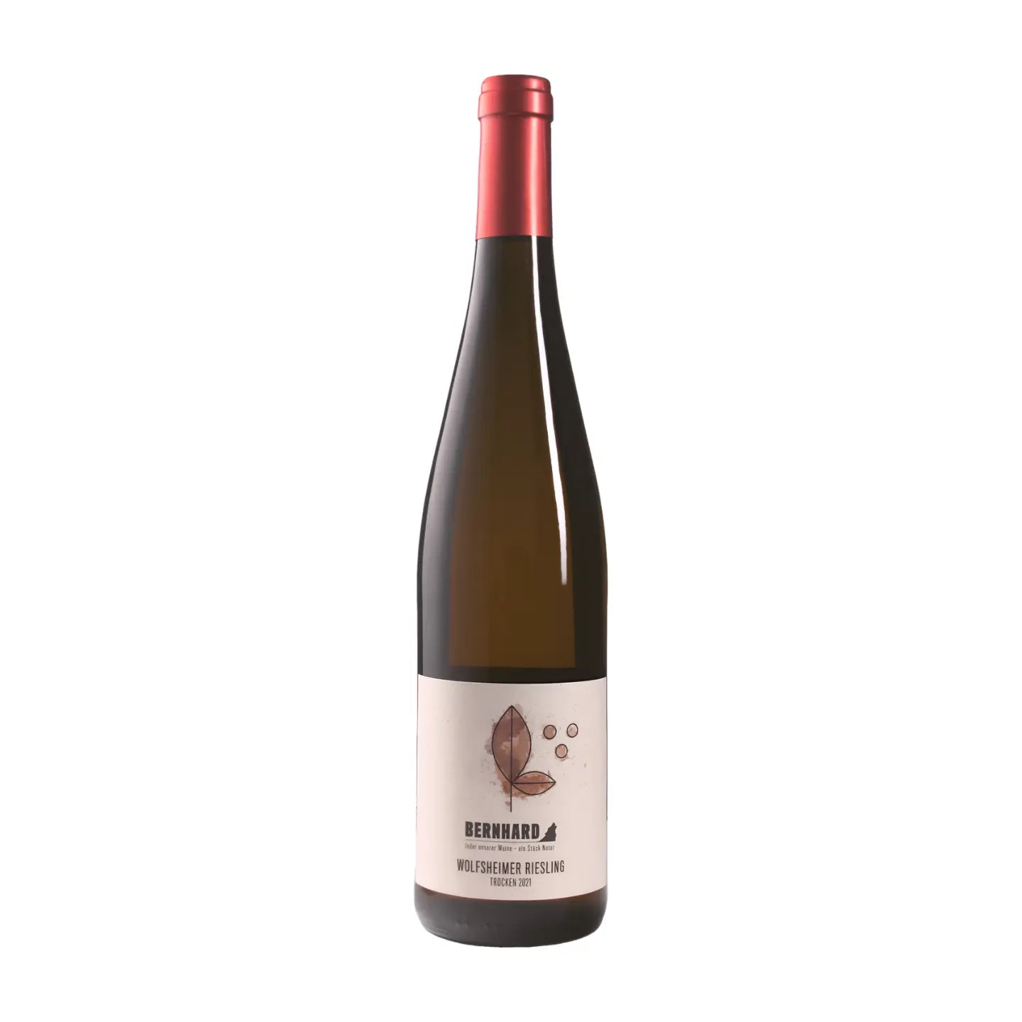 Flasche Wolfsheimer Riesling vom Weingut Bernhard vor weissem Hintergrund