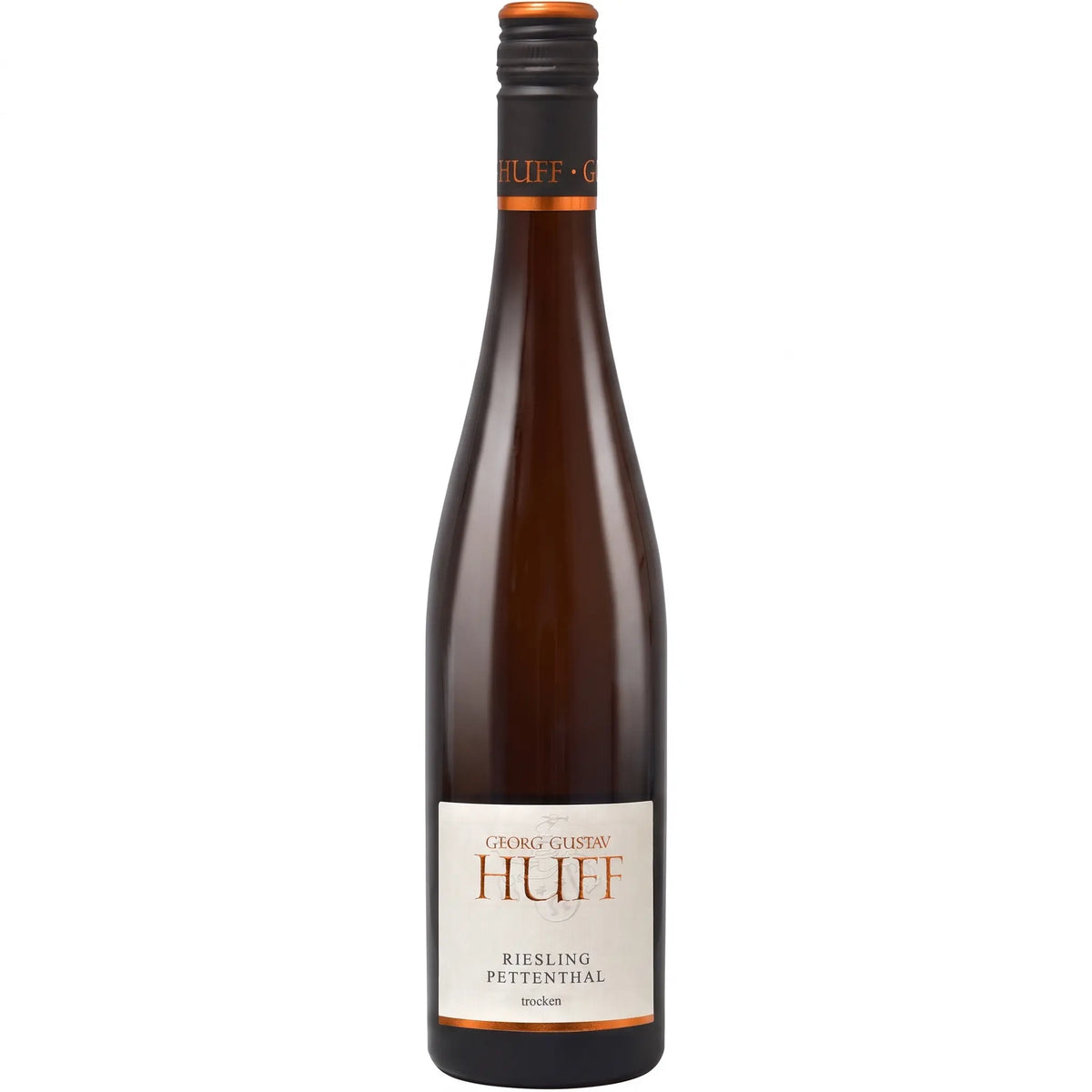 Pettenthal Riesling vom Weingut G.G. Huff aus Rheinhessen vor weissem Hintergrund.