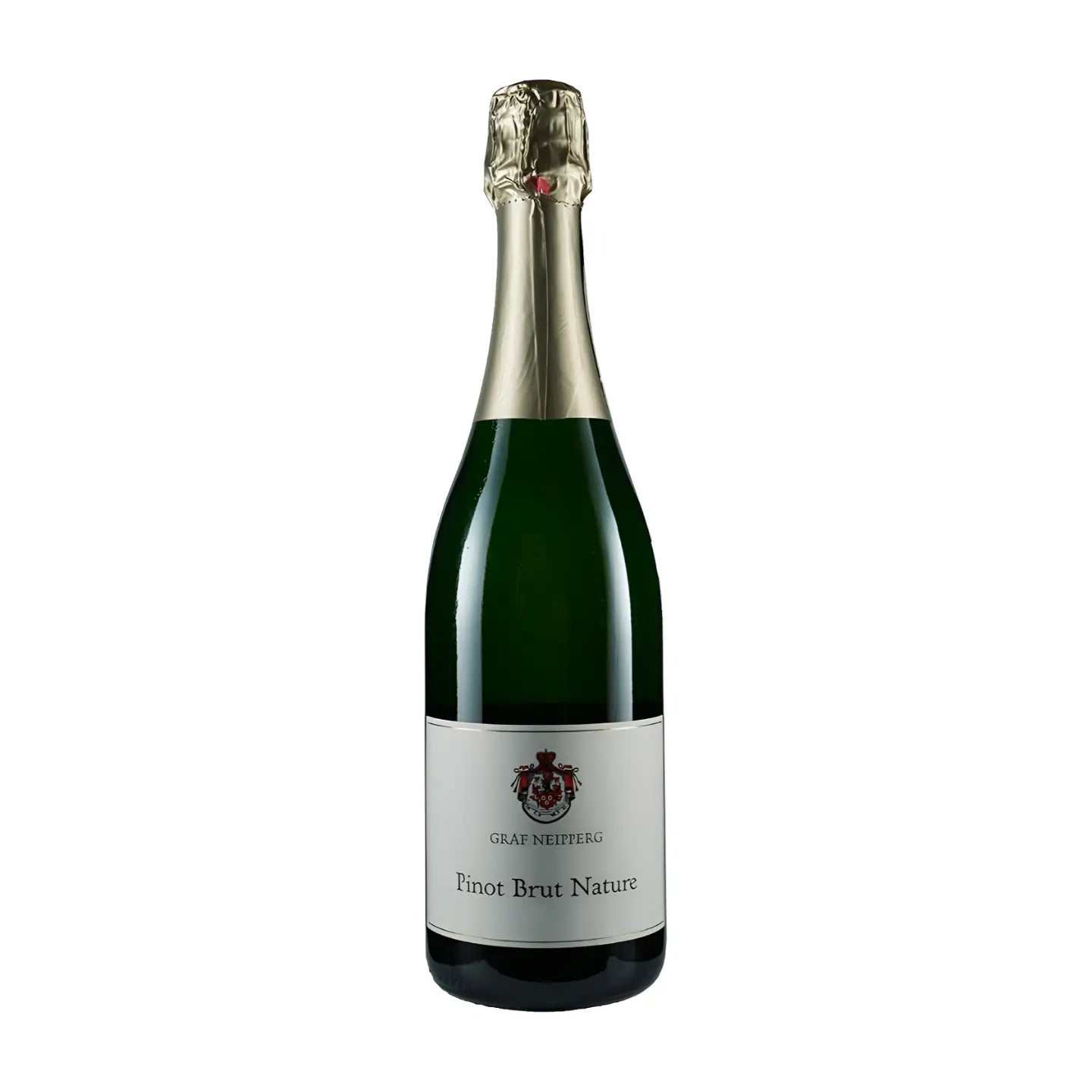 Pinot Brut Nature vom Weingut Graf Neipperg freigestellt vor weissem Hintergrund.