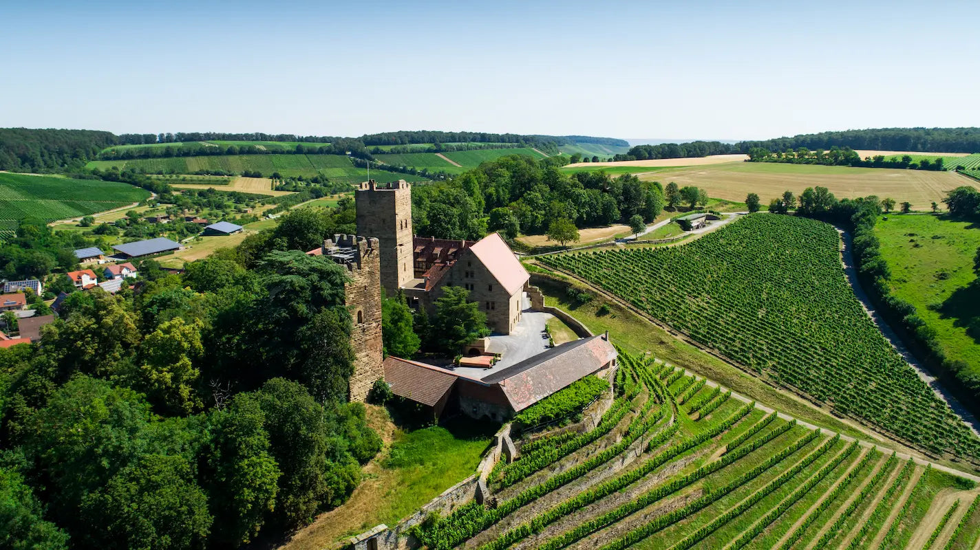 Panorama der Einzellage Neipperger Schlossberg mit der Burg Neipperg darüber im Anbaugebiet Württemberg, der Heimat des Weingut Graf Neipperg.