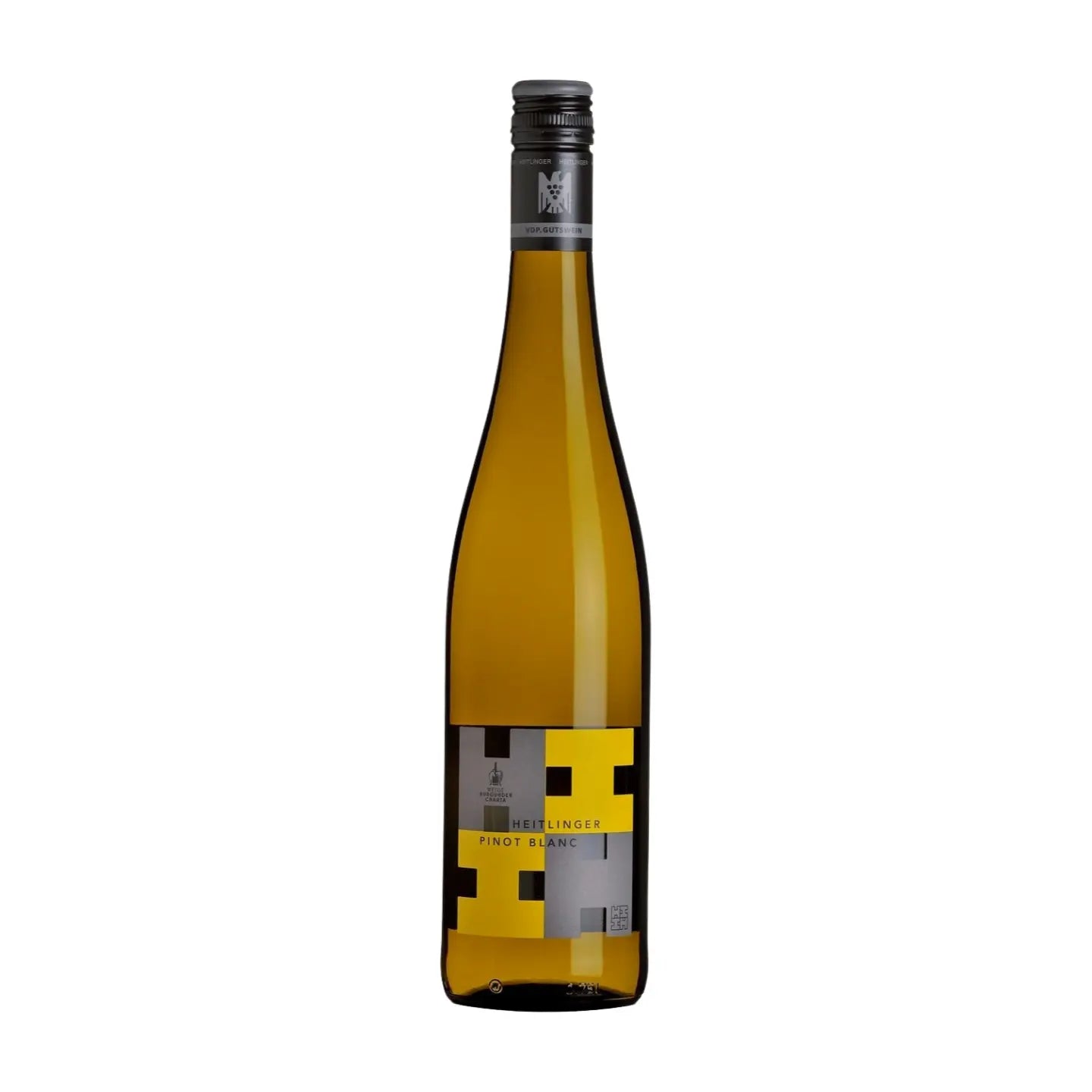 Pinot Blanc VDP.Gutswein vom Weingut Heitlinger freigestellt mit weissem Hintergrund.