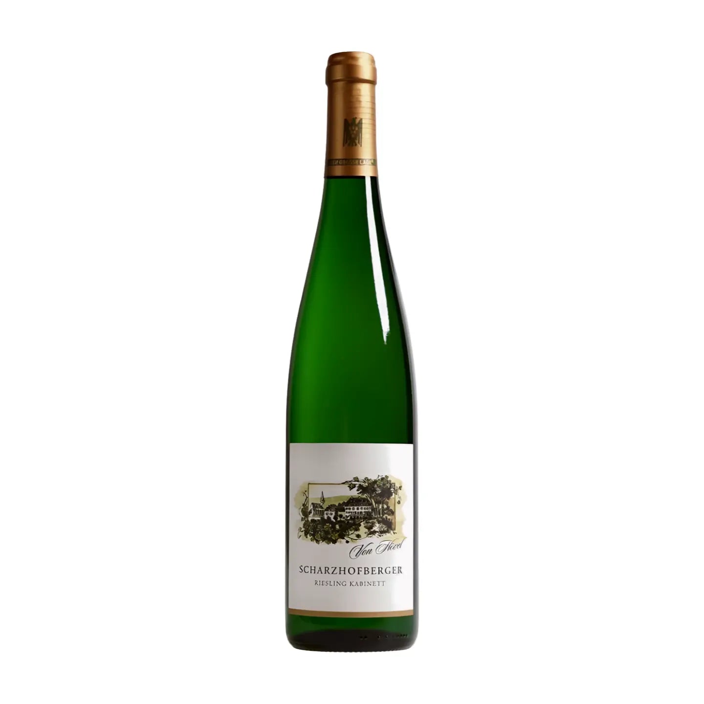 Scharzhofberger Riesling Kabinett vom Weingut von Hövel freigestellt vor weissem Hintergrund.
